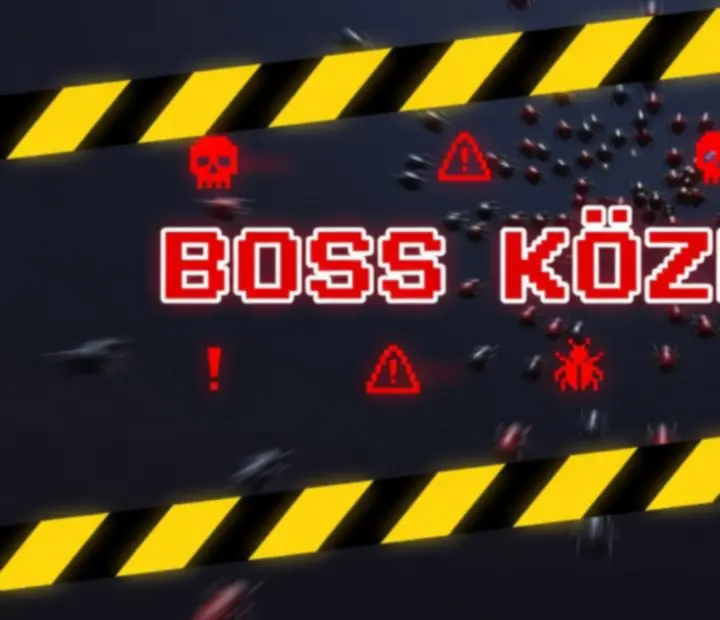 HUD figyelmeztetés BOSS KÖZELEDIK felirattal és figyelmeztető csíkokkal