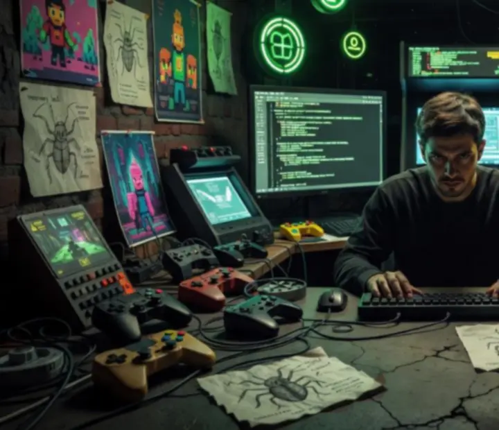 A SwarmHole: Bug Smash Arcade fejlesztője egy sötét, arcade hangulatú laborban.