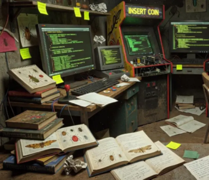 Sötét, laboratóriumszerű játékfejlesztői munkaállomás, több monitorral és arcade hangulattal.