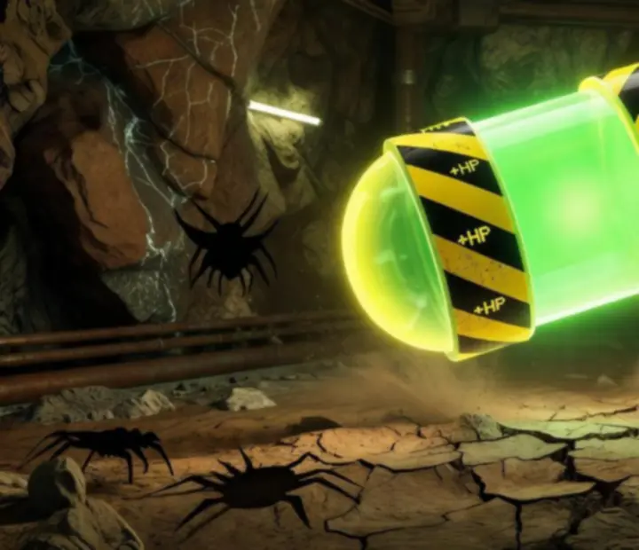 Arcade stílusú, világító erősítő kapszula illusztrációja a SwarmHole pályáján