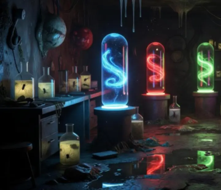 Power-up kapszulák föld alatti arcade laboratóriumi jelenetben